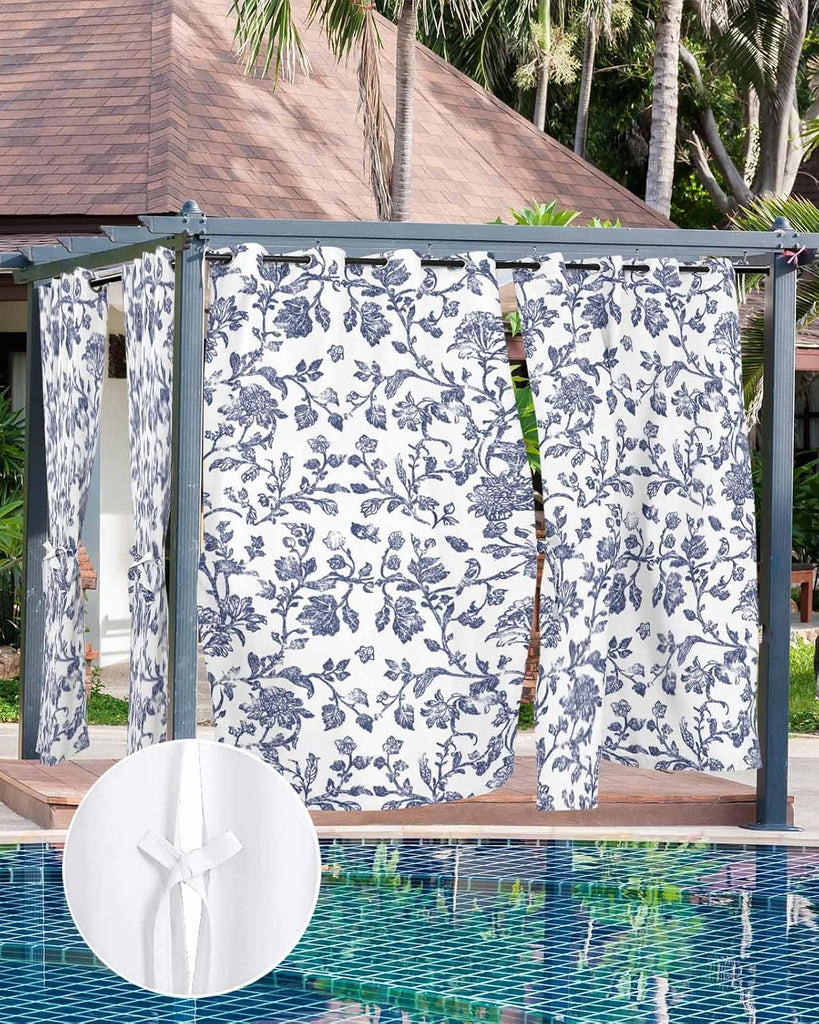 Outdoor Curtains Waterproof, Vintage Blue Floral Farmhouse Flower Pastoral Style Grommet Weatherproof Privacy