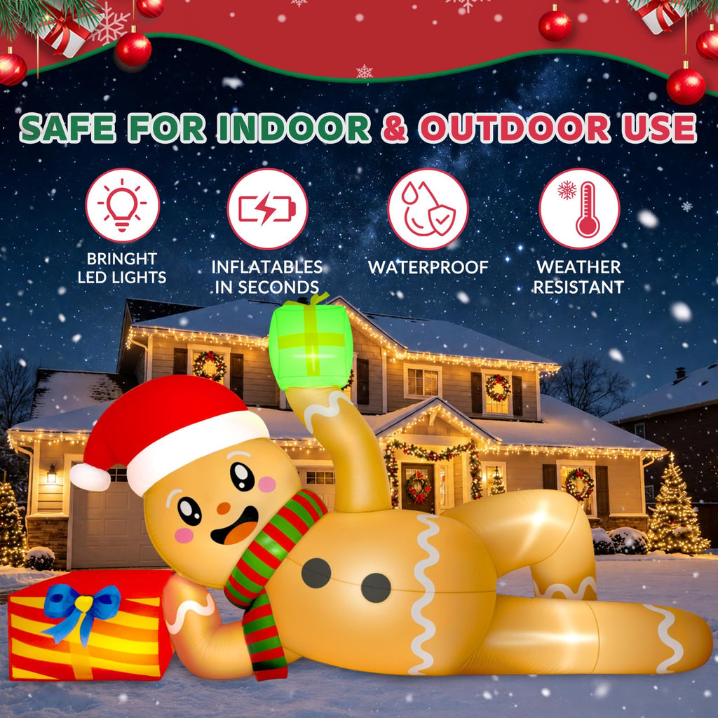 10 FT Christmas Inflatable Outdoor Decoration, Lying Gingerbread Inflatable Christmas Blow up Yard Decorations with