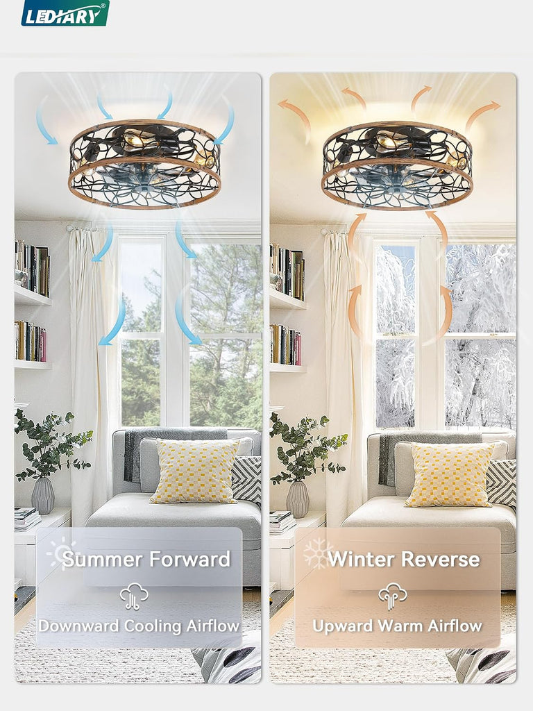 Caged Ceiling Fan with Light, Flush Mount Fandalier with Remote
