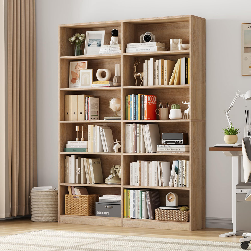 Bookshelf Tall Bookcase, 6-Tier Double Wide Bookshelves, Light Oak