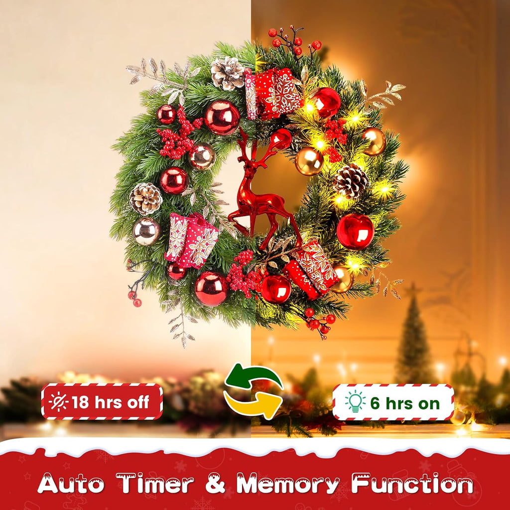 Lighted Christmas Wreath Front Door - 16'' Reindeer Winter Wreath with 8 Modes Timer, Red Gold Balls, Snowflakes