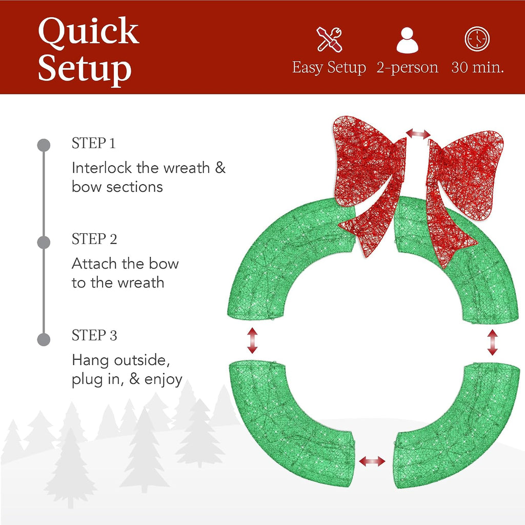 60in Pre-Lit Outdoor Christmas Wreath Decoration, LED Metal Holiday Decor Exterior, Garden w/ 206 Lights, Bow