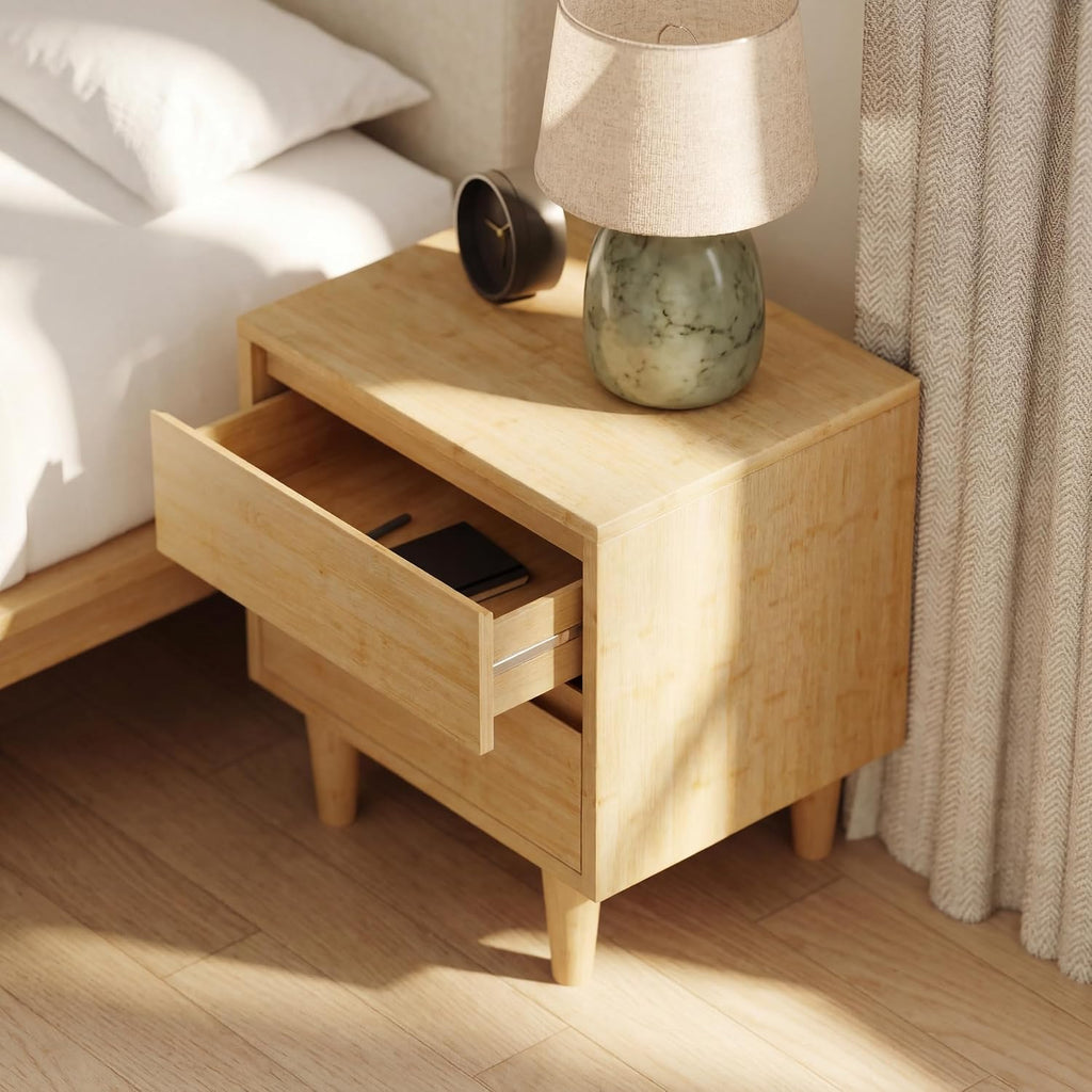 Bamboo Nightstand with Japanese Joinery, 23" Height, 2 Smooth-Gliding Dovetail Drawers, No-Tool Assembly, Natural