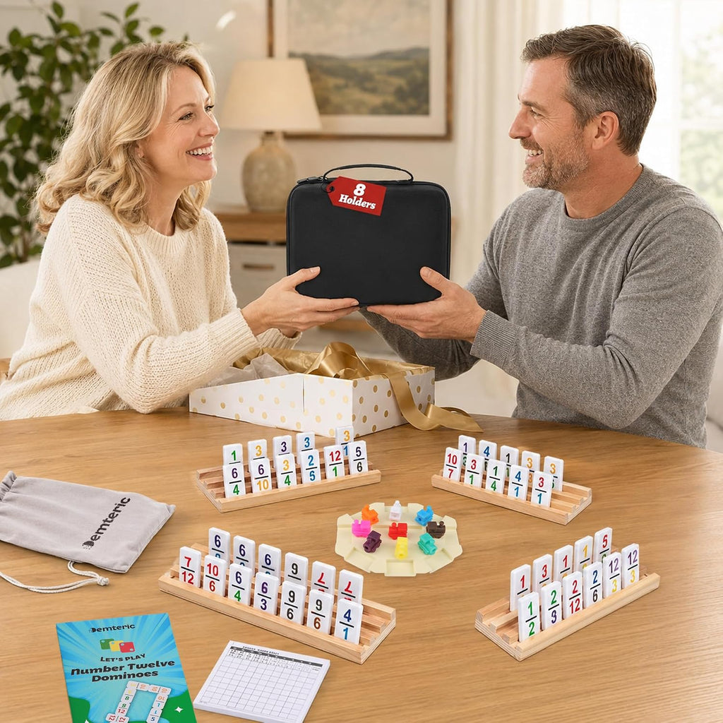 Mexican Train Dominoes Double 12, 91 Numbered Tiles, 8 Racks & Hub - Set of 101
