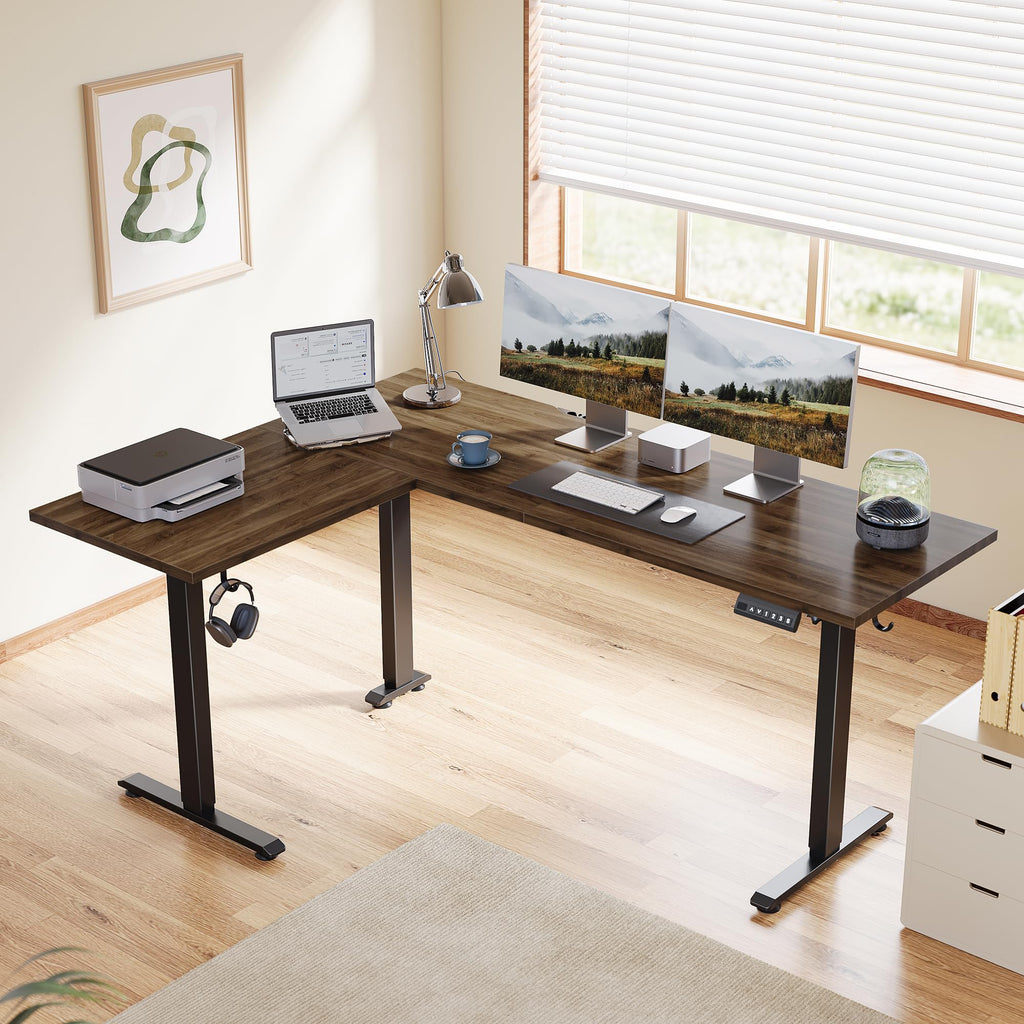 63 x 48 Inch L Shaped Electric Standing Desk, Dark Walnut
