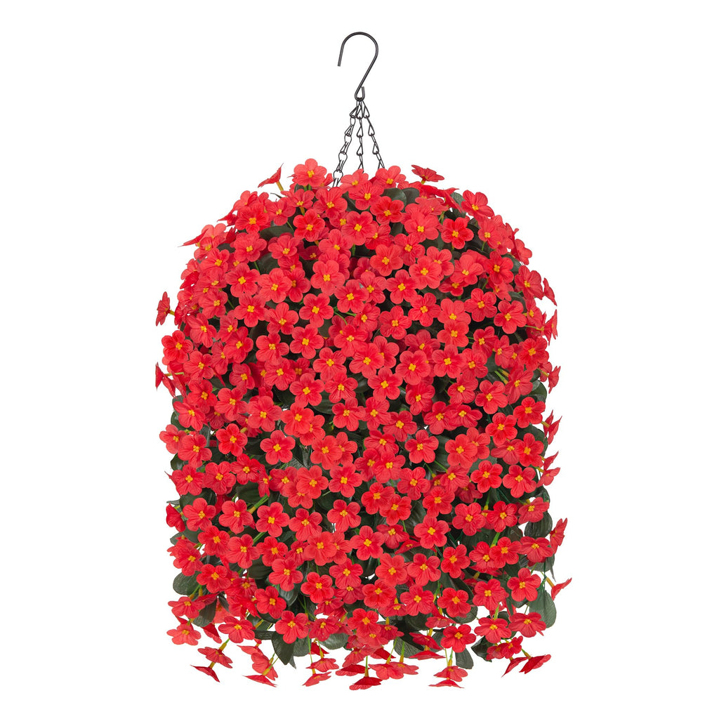 Artificial Hanging Flowers with Baskets for Decor, Fake Silk Red Hanging Daisy Orchid Flowers Plants, Faux Flower