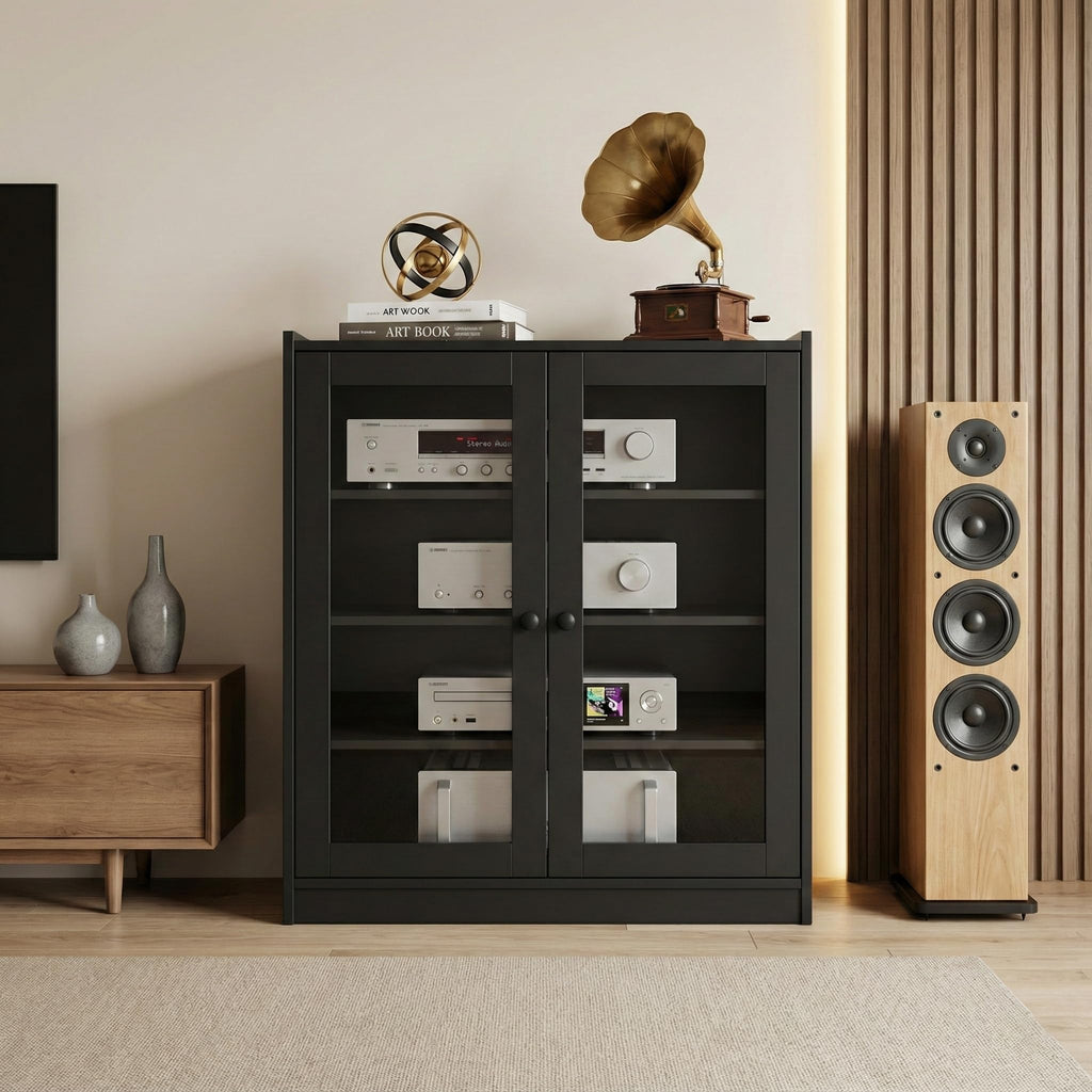 Audio Stereo Cabinet with Glass Doors, 35.4" Tall AV Component Media Stand, Record Player Stand with Adjustable
