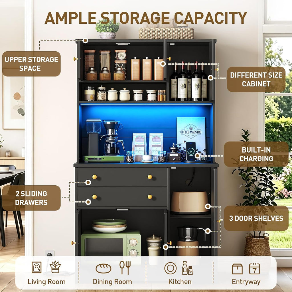 Pantry Cabinet with Charging Station and LED Light, Kitchen Hutch Cabinet Countertop, Drawers and Adjustable Shelf