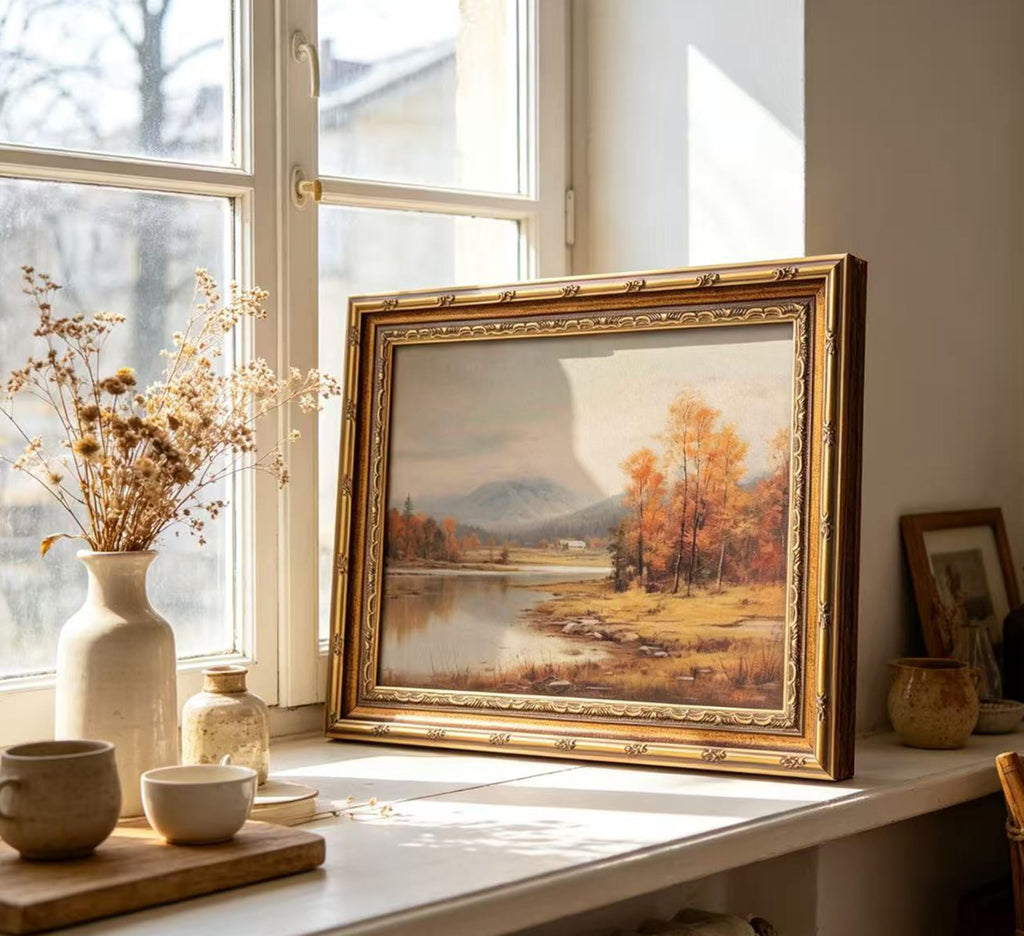 Vintage Gold Framed Fall Landscape Wall Art, Autumn Natural Lake Oil Painting Canvas Prints, Rural Forest Lake