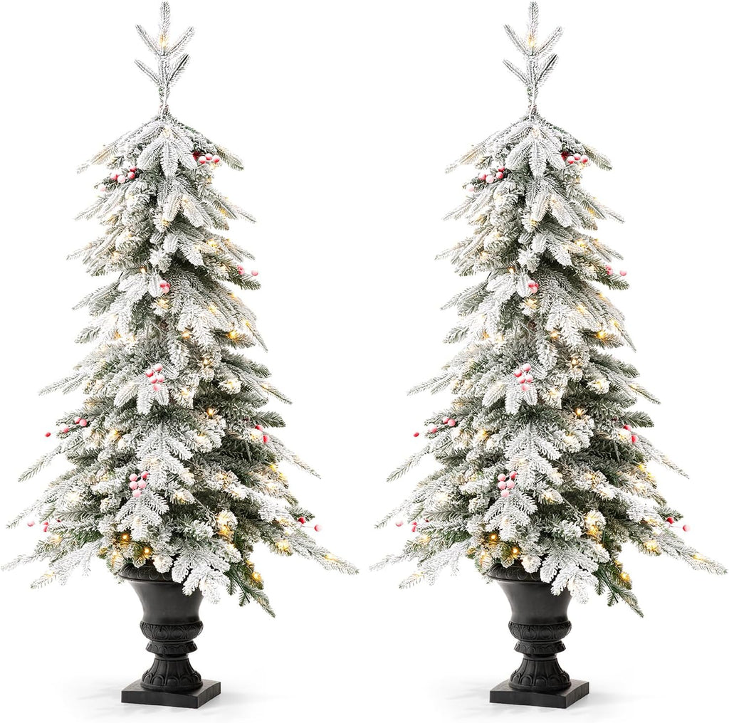 5ft Prelit Christmas Tree Set of 2, Artificial Christmas Trees with Lights, Flocked Fir Potted Christmas Porch Tree