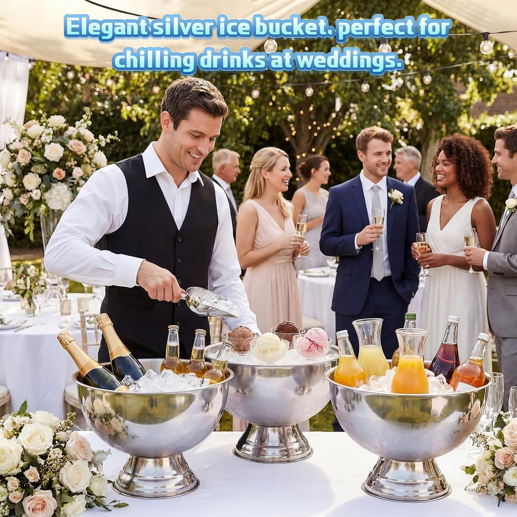 13L Large Ice Bucket, Silver Stainless Steel Champagne Buckets with Scoop, Drink Beverage Tub for Parties - Set of 3