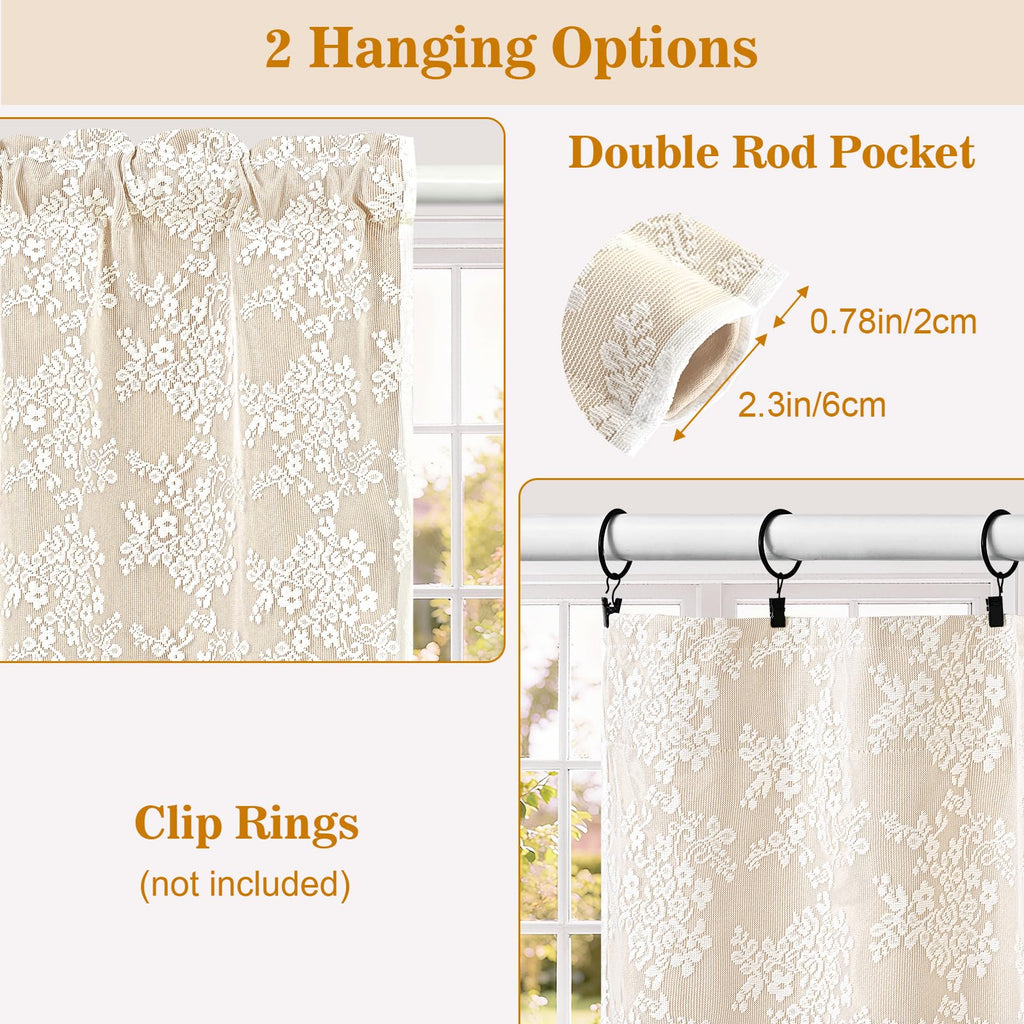 Beige Kitchen Curtains 36 Inch Length Double Layer Blackout Cafe Curtains with Floral Sheer Overlay Rod Pocket Short
