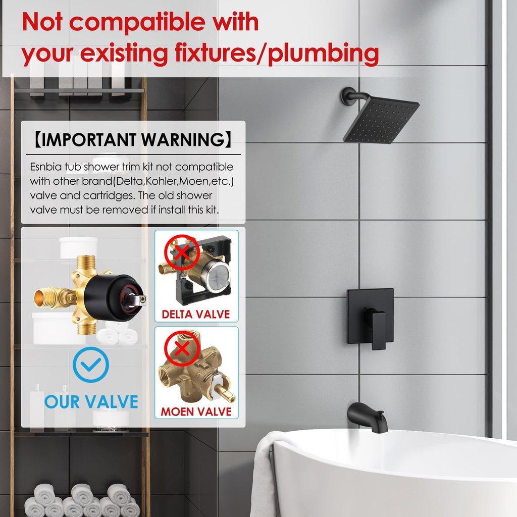 Matte Black Tub Shower Faucet Set, 6" Rain Head with Valve Included