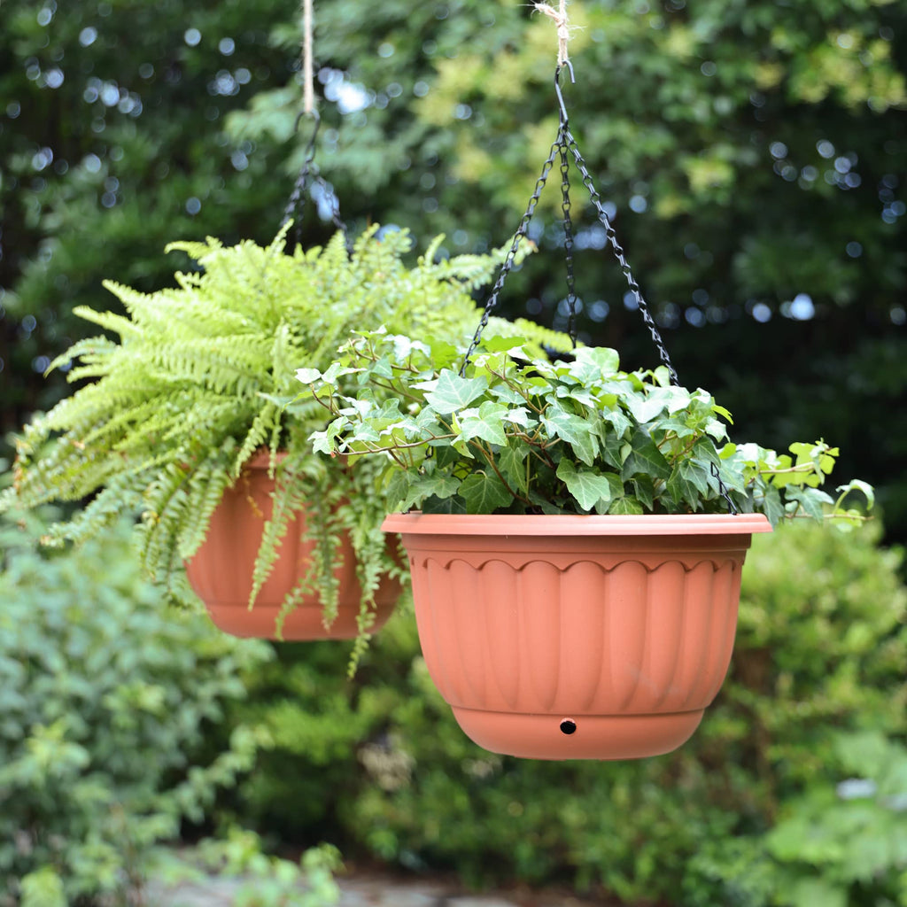 12 Inch Hanging Planters for Outdoor Plants, 2 Pack Plastic Hanging Flower Pots with Drainage Hole & Tray, Hanging