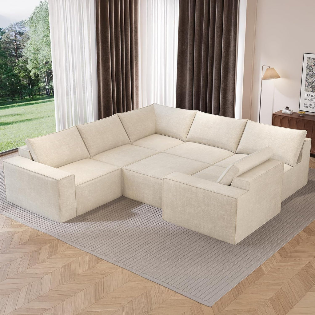 142" Modular Couch, Modern 7 Seater Sofa Couches for Living Room, No Assembly Required, White