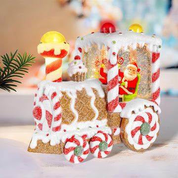 Christmas Snow Globes Dessert Train Water Glittering Lantern with 6H Timer Function Santa Snow Globe Christmas 3 AA