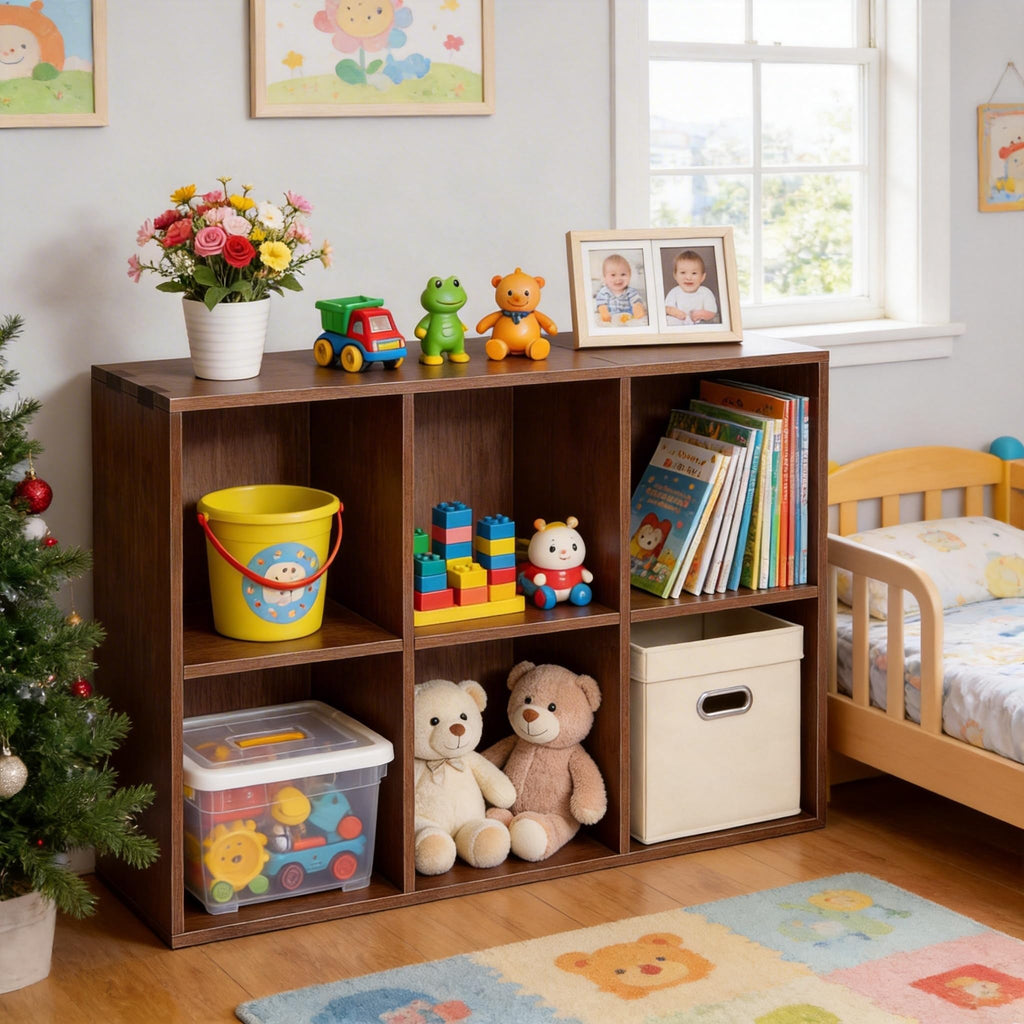 6 Cube Storage Bookcase, Walnut Horizontal Bookshelf