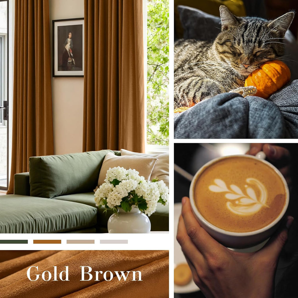 Gold Brown Blackout Velvet Curtains 84 Inch Long Thermal Insulated Room Darkening Curtain Drapes Luxury Back Tab