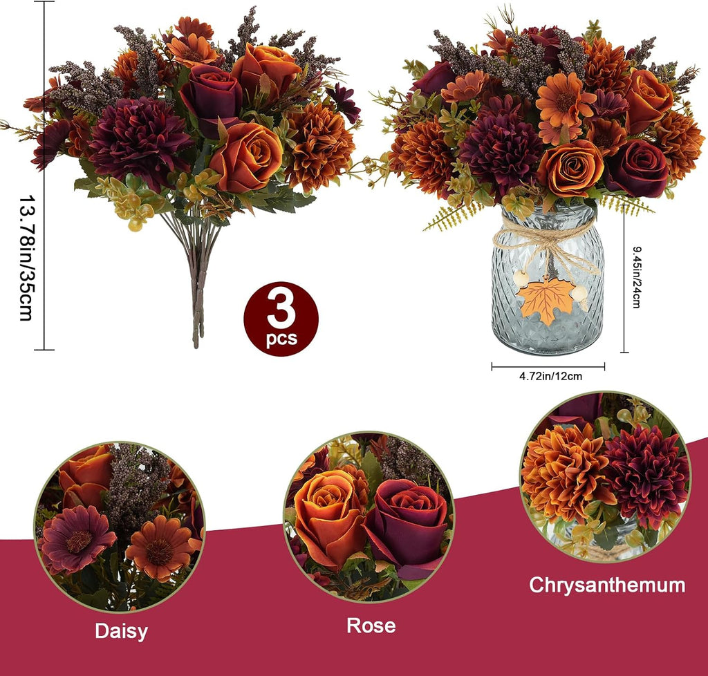 Bundles Fall Artificial Flower Arrangements with Vase, Burnt Orange Roses - Set of 3