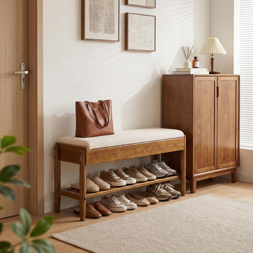 2 Tier Shoe Rack Bench with Flip-Top Storage, 39.3" Solid Wood Shoe Rack Bench with Chenille Cushion, Closet