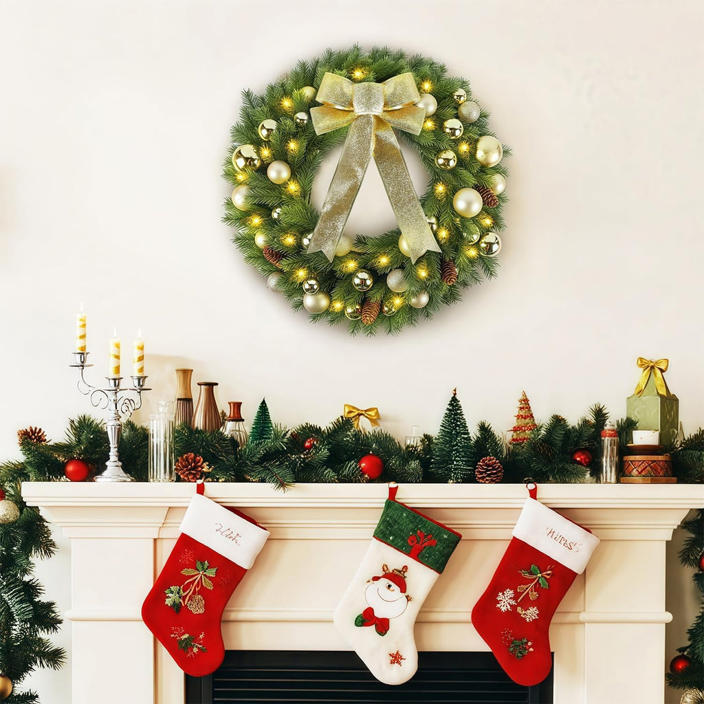 21" Lighted Christmas Wreath with Metal Hanger, Pre-lit Xmas Folded Wreath with LED Lights, Golden Bow & Balls
