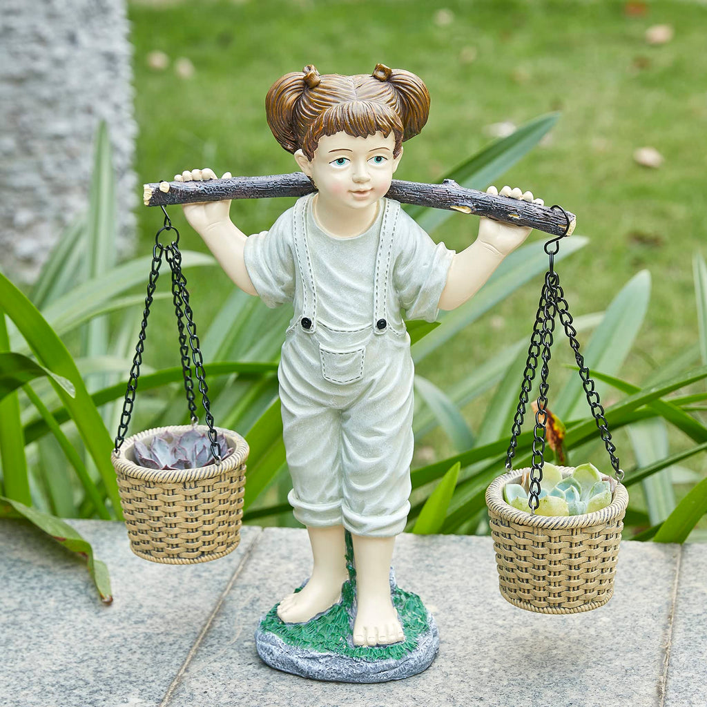 Large Flowers Girl Garden Statue In Stone, Flower & Succulent Planter, Pot Carrying Plants, Pots, Adorable Yard Decor