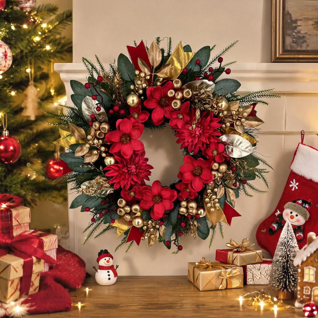 24 Inch Red & Gold Christmas Wreath for Front Door with Velvet Ribbon