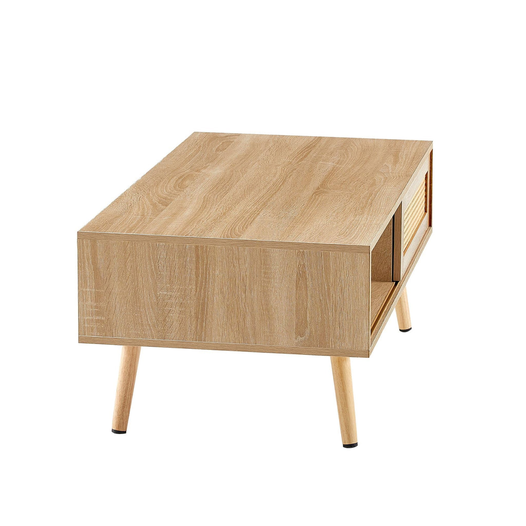 Modern Coffee Table with Storage, 41.3 Inch Rectangle Wooden Accent Center Sofa Table with Sliding PE Rattan Woven