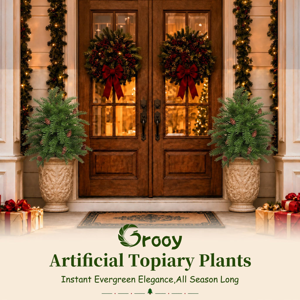 2 Pack Artificial Cedar Topiary Trees with Spike for Outdoor