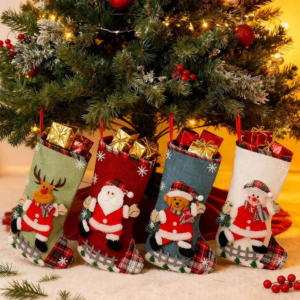 S Personalized 4 Pack - Customized Small Xmas Stockings Bulk with Reindeer, Santa Claus, Snowman, Bear for Christmas - Set of 4