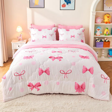 7 Piece Pink Bow Bedding Set for Girls Kids Twin Comforter Set with Sheet and 2 Pillowcases 2 Pillow Shams Cute Girls