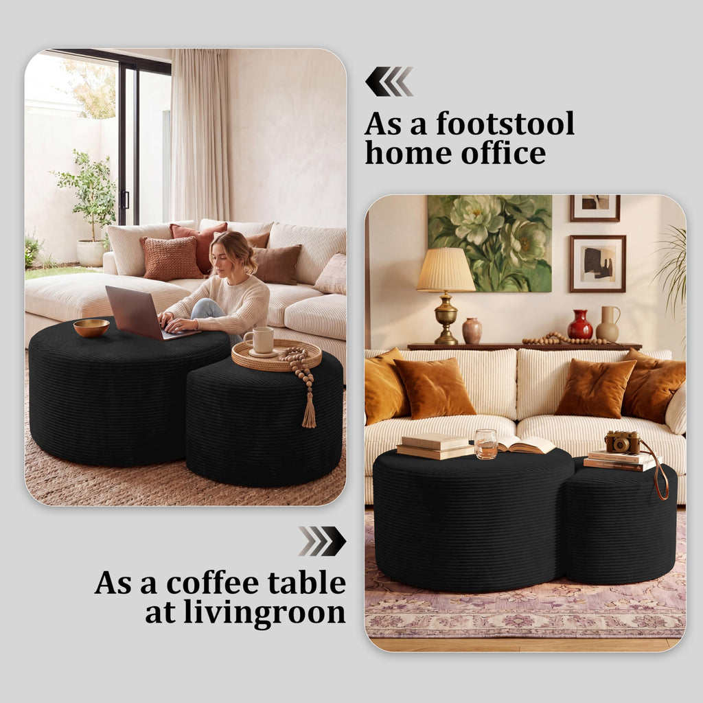 Boneless Ottoman Nesting Coffee Table Set of 2, Corduroy Soft Foot Rest Movable Large Pouf Footstool Sofa Couch