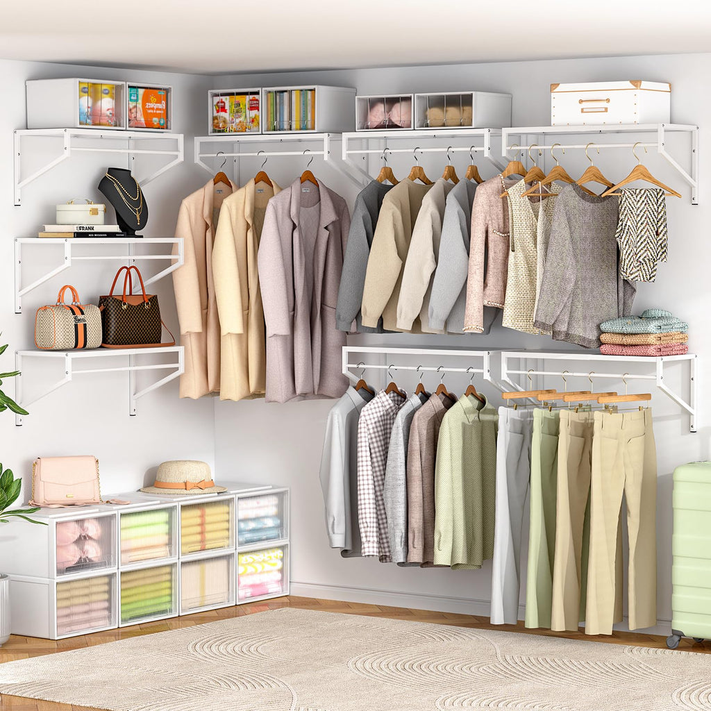 Expandable Closet Shelves Wall Mounted, 2 Pack Closet Shelving with Hanging Rods, Wall Shelving for Walk-in Closet