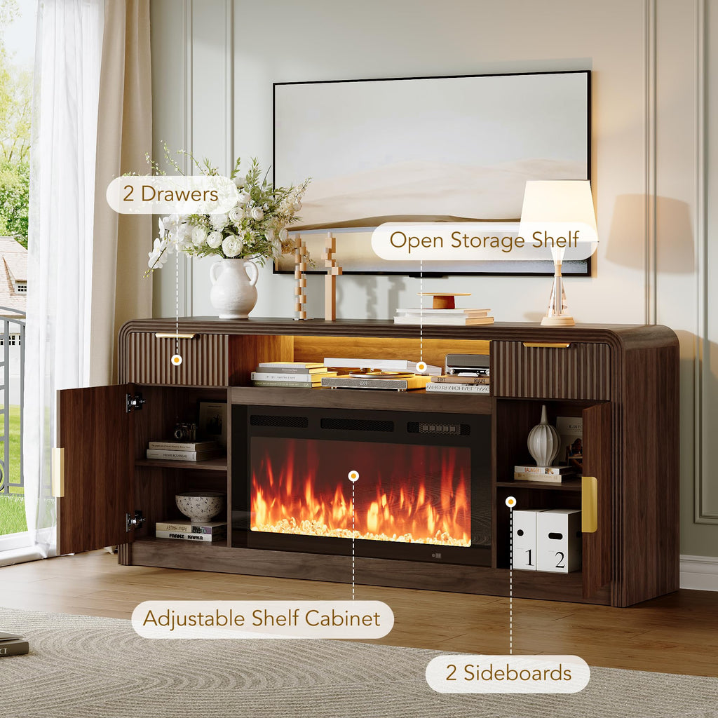 70" Fluted TV Stand with 36" Electric Fireplace, Entertainment Center for TVs Up to 80", Mid Century Modern TV Cabinet
