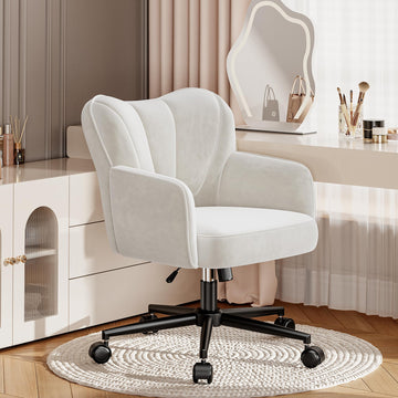 Vanity Chair with Wheels & White - Adjustable Height Makeup Chair, Plush Velvet Seat with Curved Backrest for Women