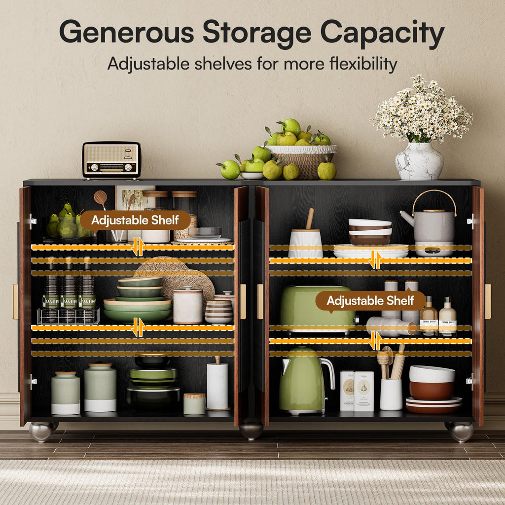 116" Fluted Modular Buffet Cabinet with Arched Doors & Gold Handles, Mid Century Modern Sideboard Credenza Storage
