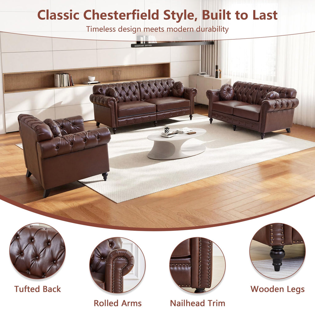 2 Pieces Living Room Furniture Set, High Back Modern Faux Leather Chair Loveseat Couch with Button Tufted, Nailhead