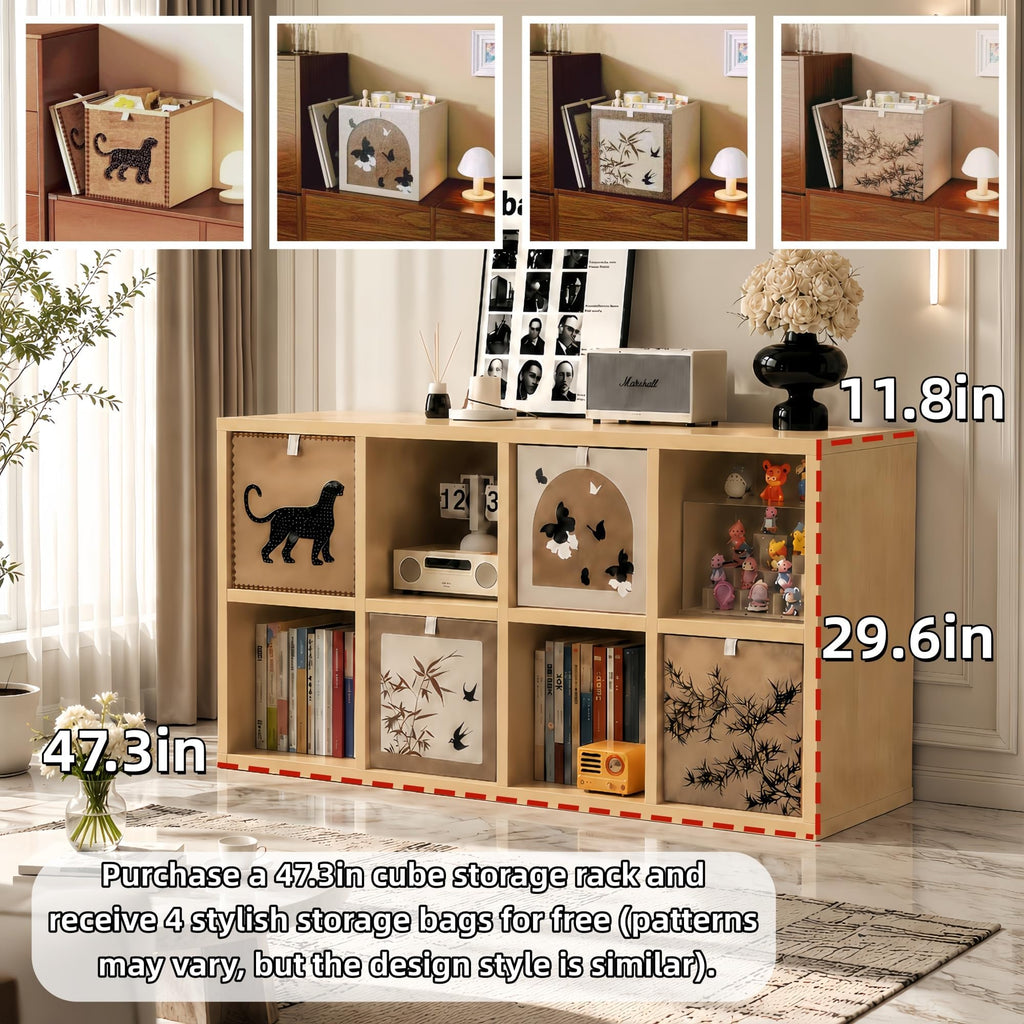 Real Solid Wood 8 Cube Storage Organizer Shelf with 4 Bins, Low Bookcase