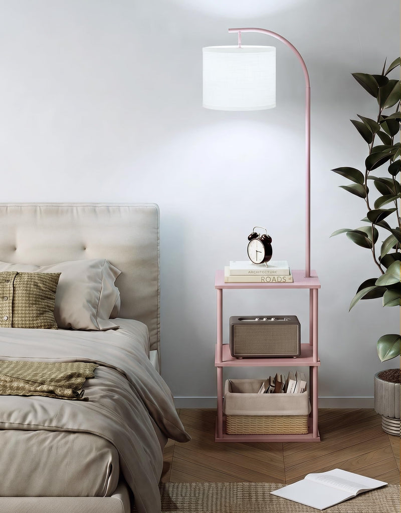 Floor Lamp with Table, Night Stand with Lamp, Narrow Side Table with 3CCT LED Bulb, Small Coffee Table, Modern End