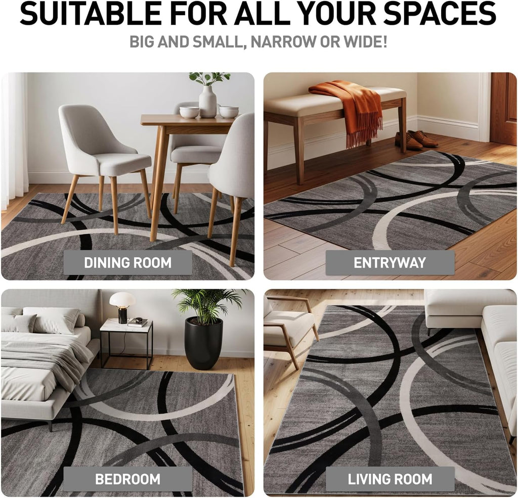 Wavy Circles Design Area Rug, Fade-Resistant Carpet for Living Room, Dining Room, or Bedroom, Gray, 5'3" x 7'3"