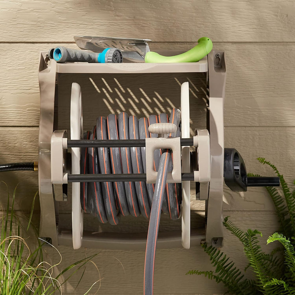 Slide Trak Garden Hose Reel, Wall-Mount Holder with Storage Tray, Dark Taupe - Outdoor Mounted Organizer for 175 Ft