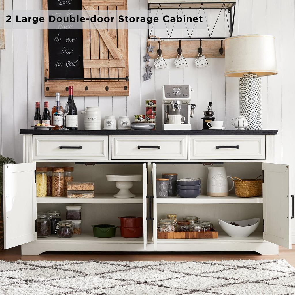 66" Farmhouse Buffet Cabinet with Storage, Sideboard Credenza, Carved Cloud-Inspired Doors, 3 Drawers & Adjustable
