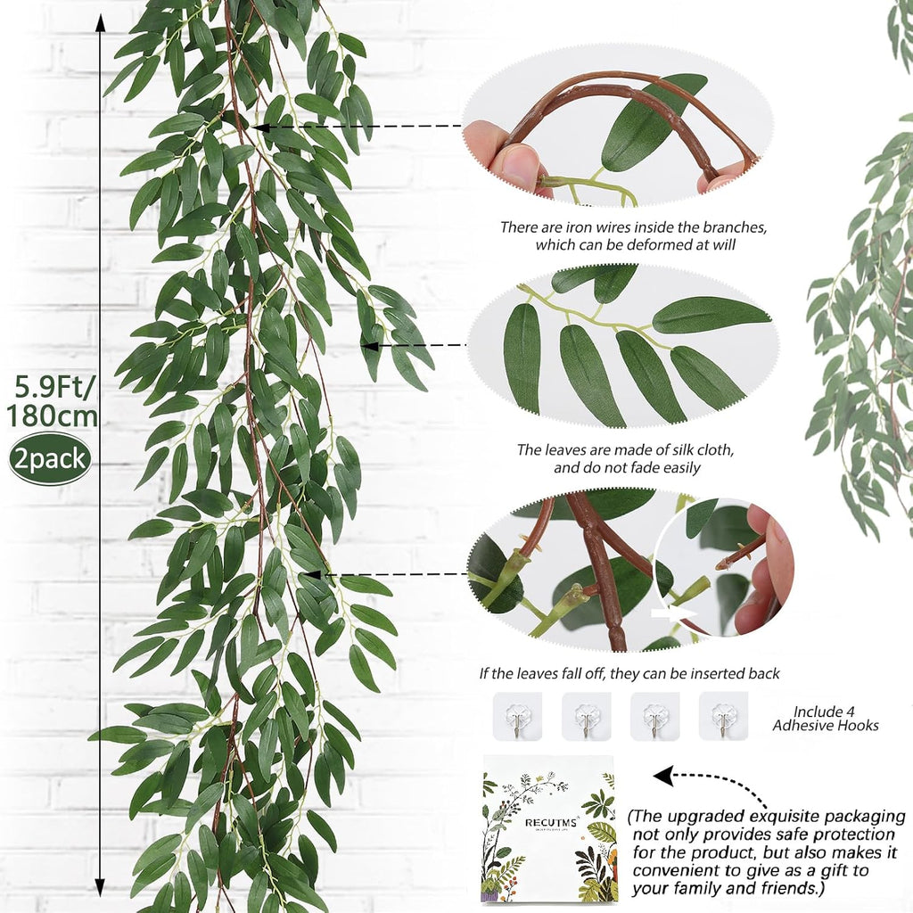 Artificial Willow Leaves Vine Twigs 5.9Ft Fake Hanging Ivy Plants Silk Green Leaf Rattan Garland Greenery Decor - Set of 2
