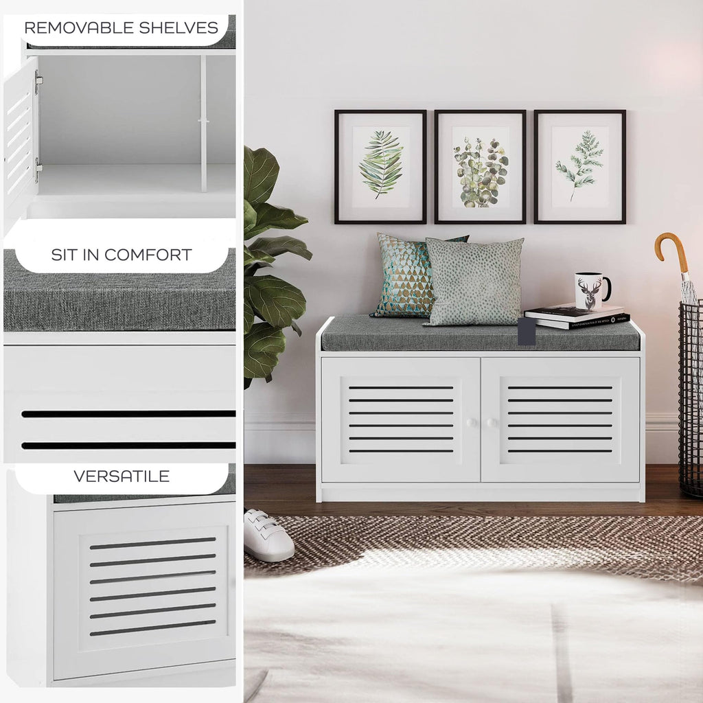 Shoe Storage Bench - Adjustable Shelves & Cushion Seat, White