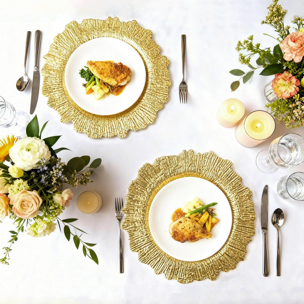120-Pack 13" Gold Beaded Charger Plates - Disposable/Reusable Plastic Round Dinner Chargers, Prevents Food Overflow - Set of 120