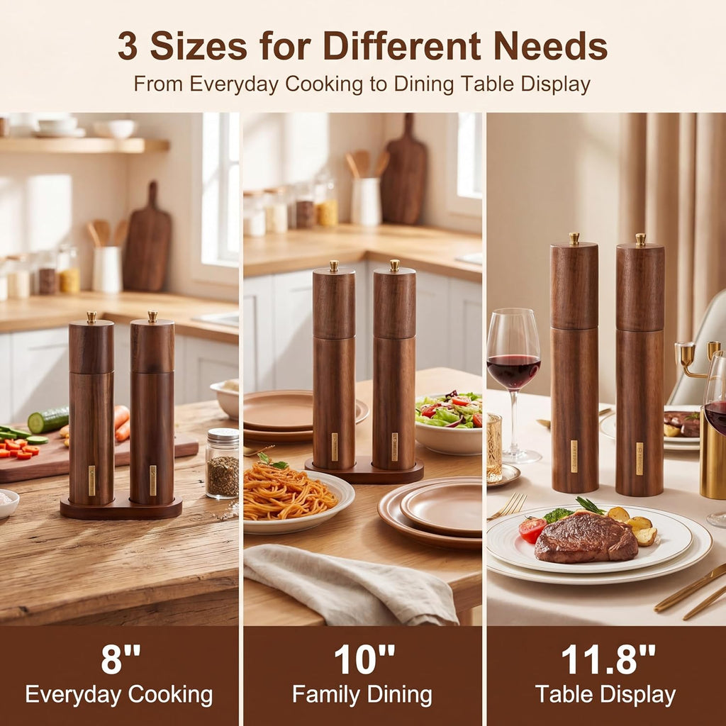 Wooden Salt and Pepper Mill Set with Tray,Wood Color,8 Inch