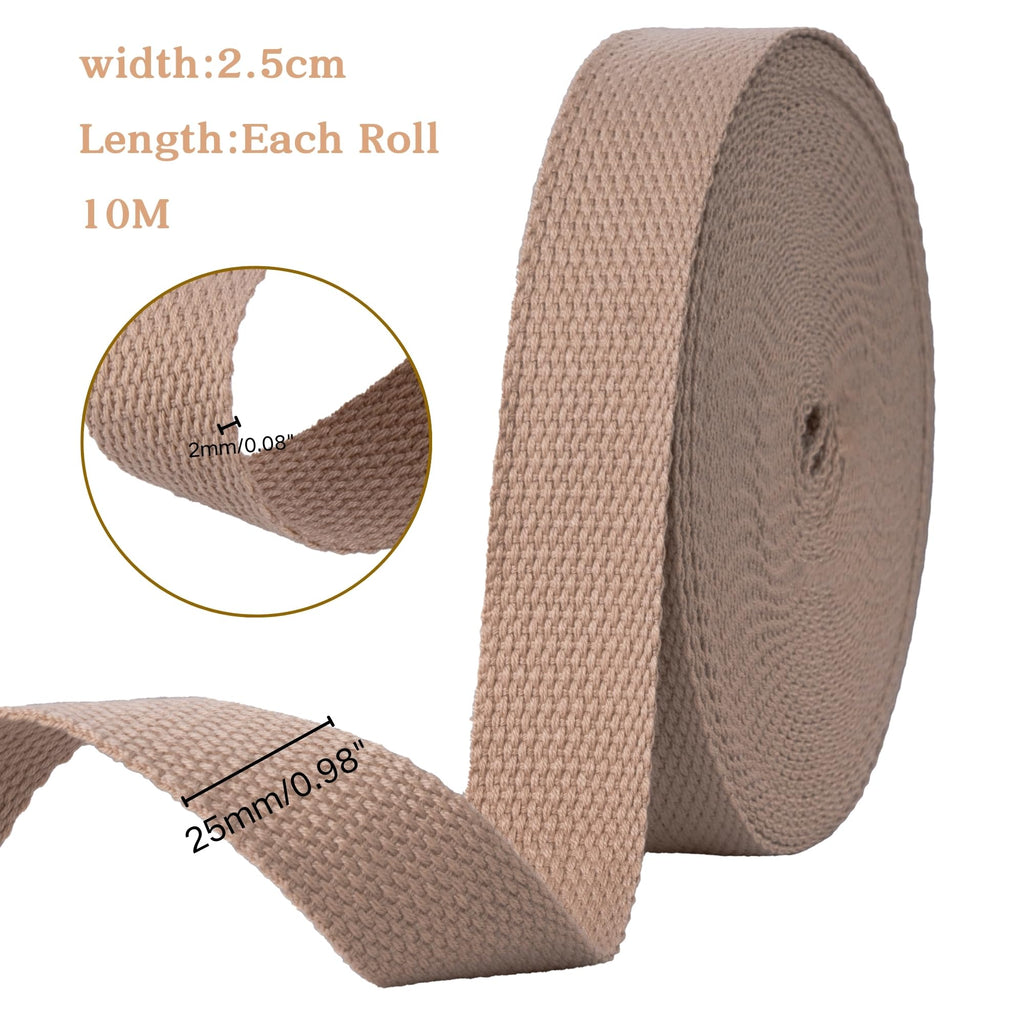 Cotton Webbing 1 Inch, 2 Rolls/20 Yards For Bag Handles, Tote Bags, Cloth Belts, Arts And Crafts (Khaki)