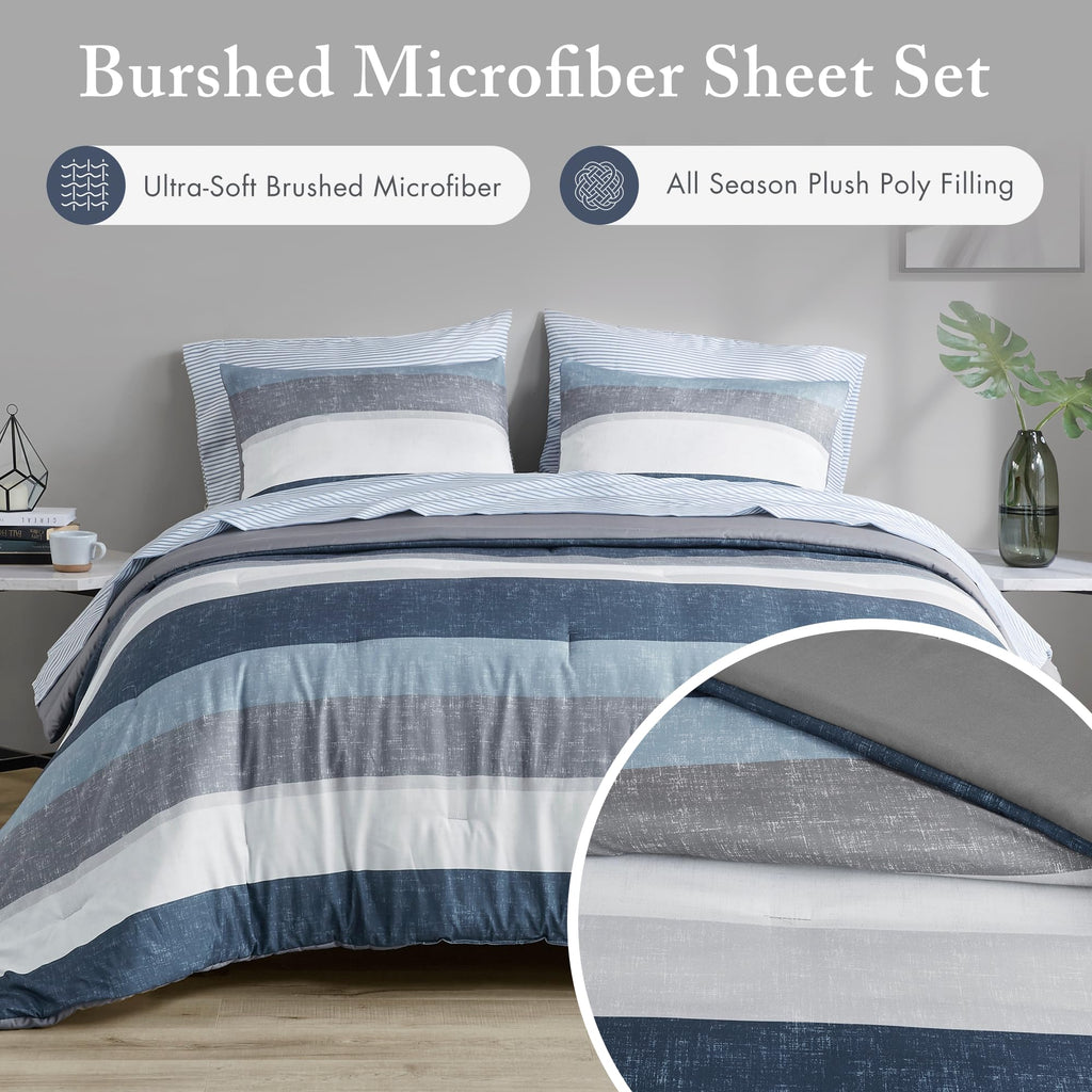 Jaxon Bed in a Bag Comforter Set with Sheet, Printed Stripe Design, Modern All Season Bedding and Matching Sham