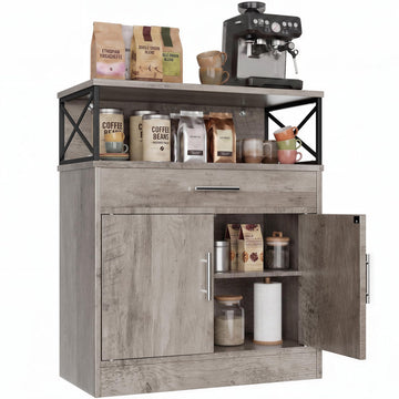 Farmhouse Coffee Bar Cabinet, Modern Sideboard Buffet Table with Adjustable Shelf, Storage Cabinet, Ash Grey