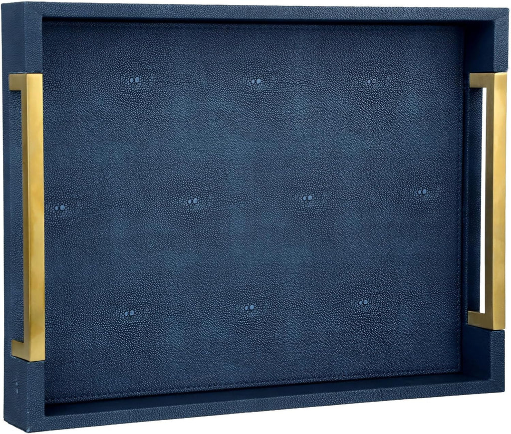 Faux Leather Serving Tray with Gold Metal Handles, Stylish Decorative Tray Organizer for Coffee Table, Ottoman, Home